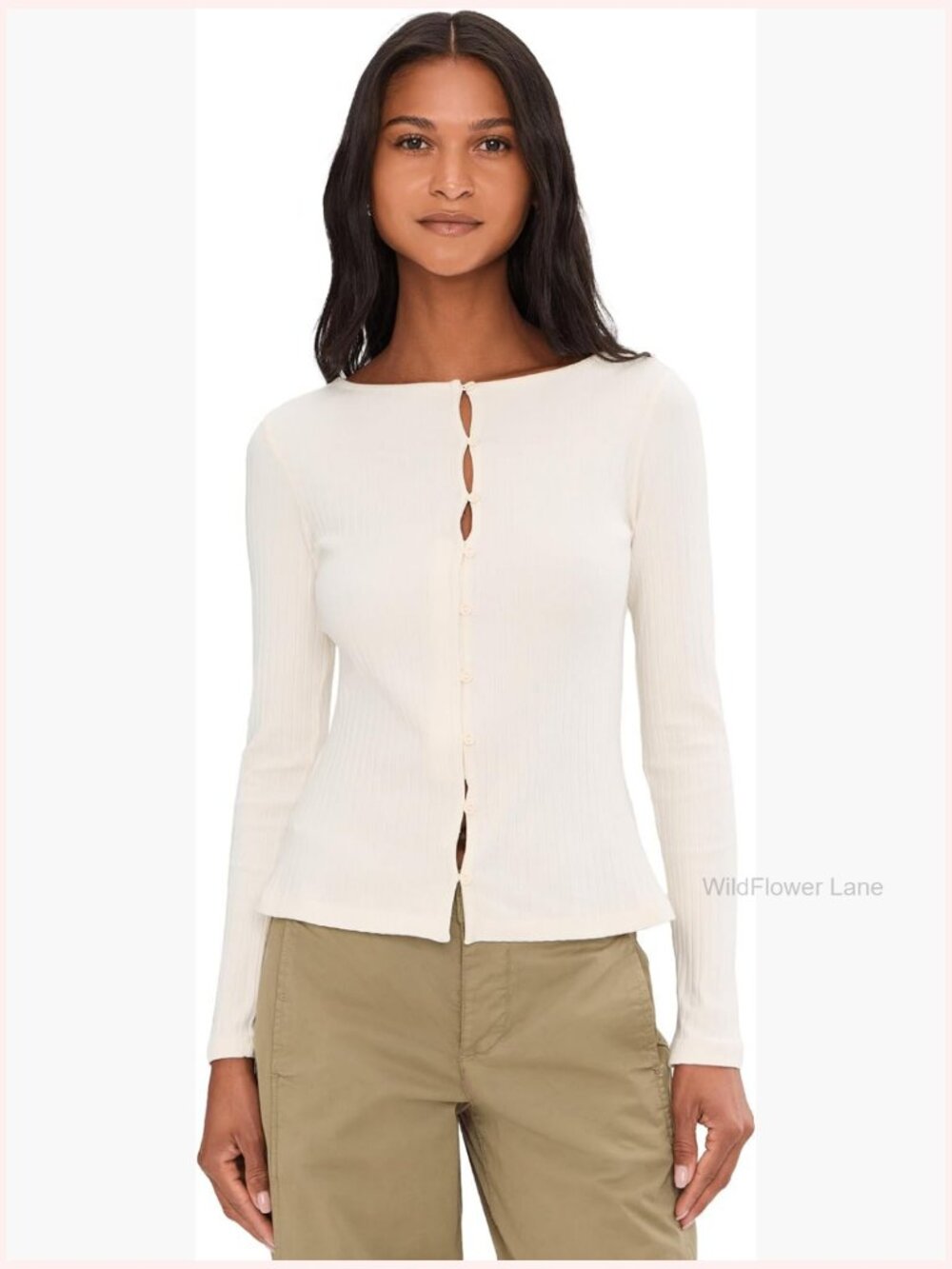 Striped Button Front Ribbed Long Sleeve Top Fitted Cotton Blend